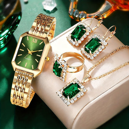 Elegant 5 pcs Women's Fashion Quartz Square Watch + New Square Shiny Necklace, Ring, Earrings Jewelry Set, Birthday, Christmas, New Year, Gift for Friends, Suitable for Daily Wear. goobingoo