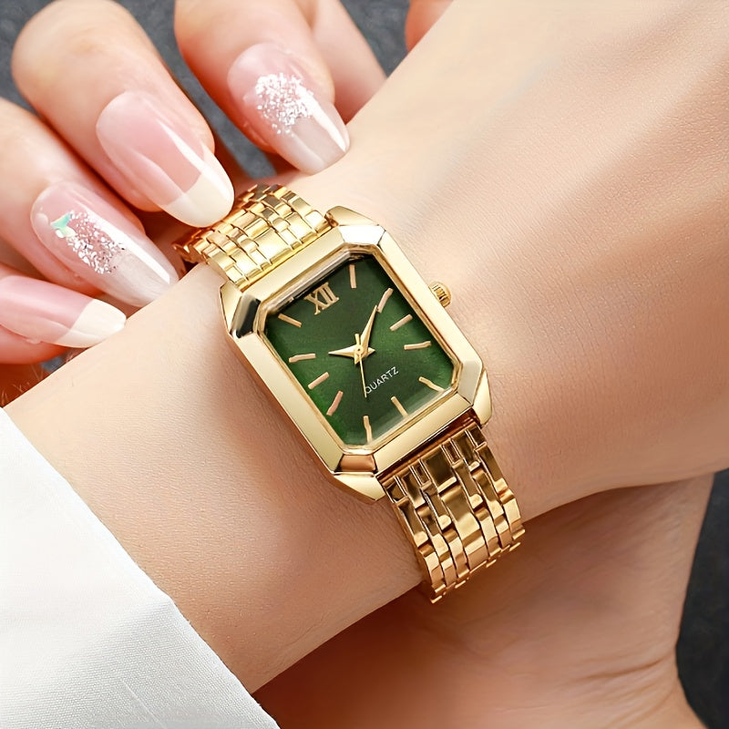 Elegant 5 pcs Women's Fashion Quartz Square Watch + New Square Shiny Necklace, Ring, Earrings Jewelry Set, Birthday, Christmas, New Year, Gift for Friends, Suitable for Daily Wear. goobingoo