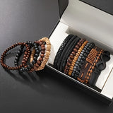 13-Piece Wooden Bead & Leather Bracelet Set