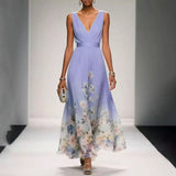 goobingoo Premium Floral V-Neck Maxi Dress - Elegant Ombré Printed Evening Gown