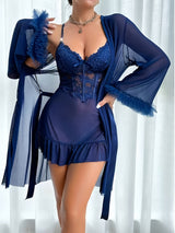 European & American Women’s Sexy Lace Nightgown – Elegant Halter Dress with Mesh Outer Robe, Solid Color Homewear Set