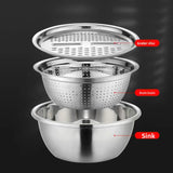 3PC Stainless Steel Kitchen Prep Set ? Bowl, Strainer & Grinder Combo with Drain System