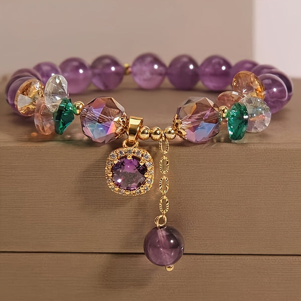 Women’s Amethyst Bead Bracelet with Cubic Zirconia – Elegant Everyday Jewelry Gift goobingoo