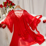 Women’s Sexy Lace See-Through Pajama Set – V-Neck with Flared Sleeves, Romantic Nightwear & Charming Homewear for Intimate Occasions