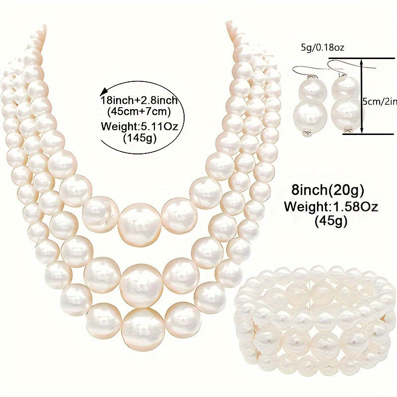 Bohemian Multi-Layer Faux Pearl Jewelry Set – Vintage 3-Piece Necklace, Bracelet & Earrings, Luxury Gift for Women goobingoo