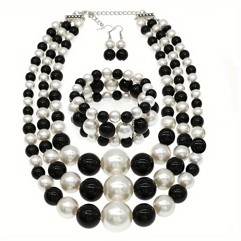 Bohemian Multi-Layer Faux Pearl Jewelry Set – Vintage 3-Piece Necklace, Bracelet & Earrings, Luxury Gift for Women goobingoo