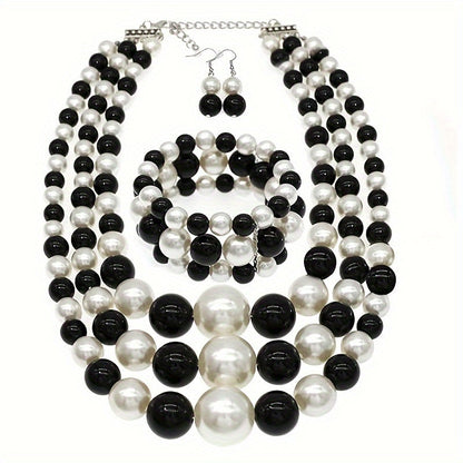 Bohemian Multi-Layer Faux Pearl Jewelry Set – Vintage 3-Piece Necklace, Bracelet & Earrings, Luxury Gift for Women goobingoo