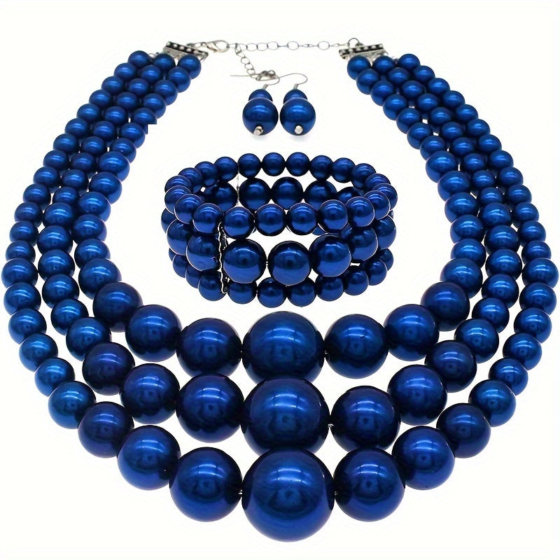 Bohemian Multi-Layer Faux Pearl Jewelry Set – Vintage 3-Piece Necklace, Bracelet & Earrings, Luxury Gift for Women goobingoo