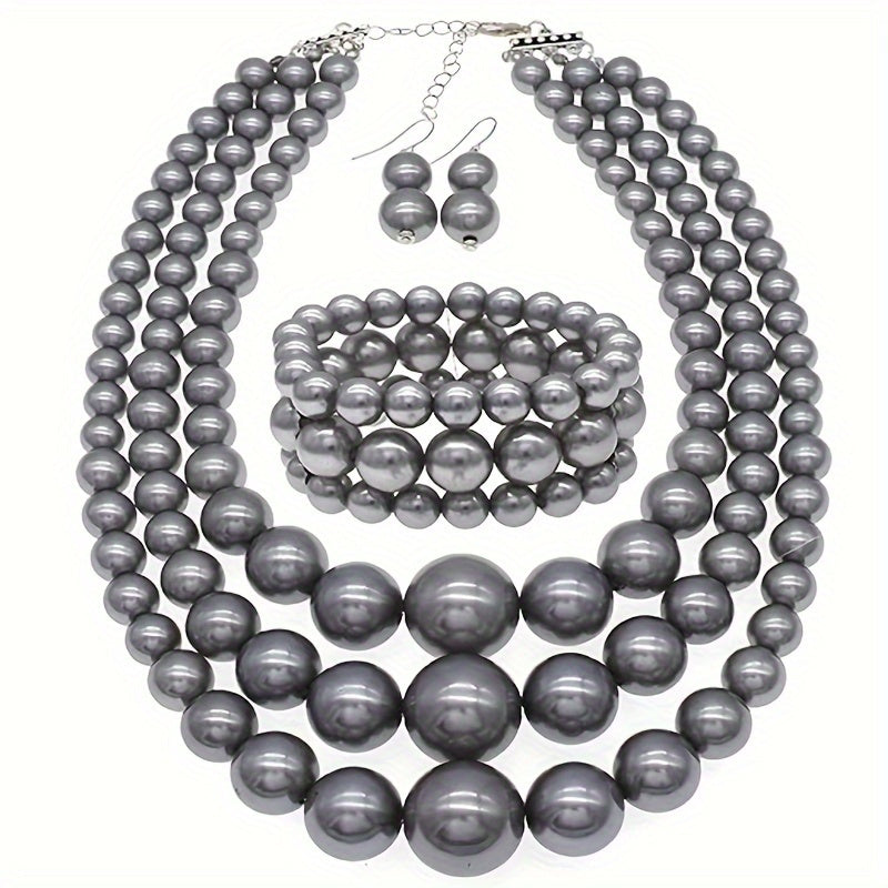 Bohemian Multi-Layer Faux Pearl Jewelry Set – Vintage 3-Piece Necklace, Bracelet & Earrings, Luxury Gift for Women goobingoo