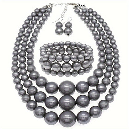 Bohemian Multi-Layer Faux Pearl Jewelry Set – Vintage 3-Piece Necklace, Bracelet & Earrings, Luxury Gift for Women goobingoo