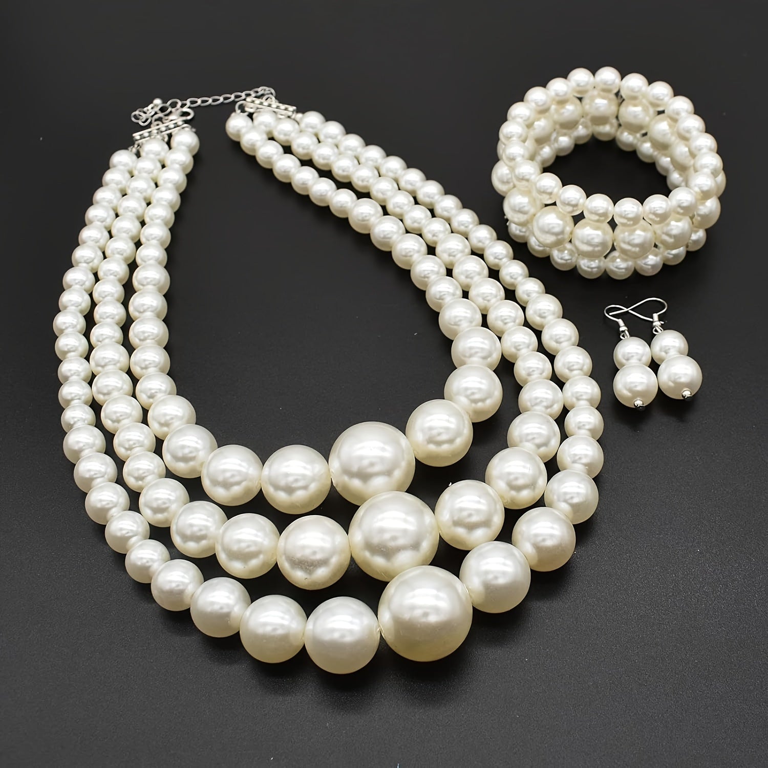 Bohemian Multi-Layer Faux Pearl Jewelry Set – Vintage 3-Piece Necklace, Bracelet & Earrings, Luxury Gift for Women goobingoo