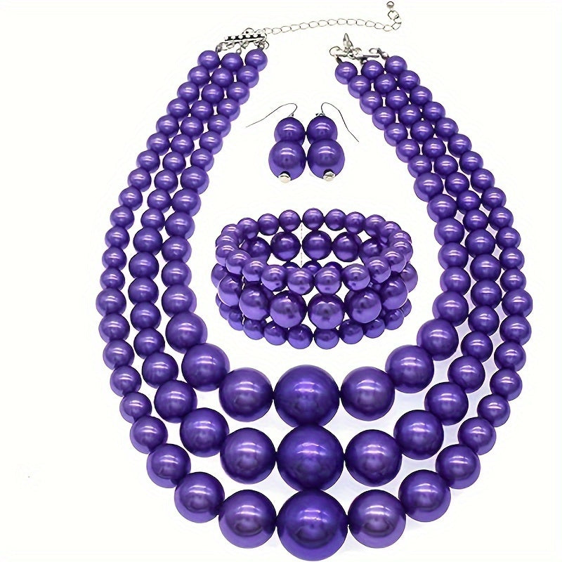 Bohemian Multi-Layer Faux Pearl Jewelry Set – Vintage 3-Piece Necklace, Bracelet & Earrings, Luxury Gift for Women goobingoo