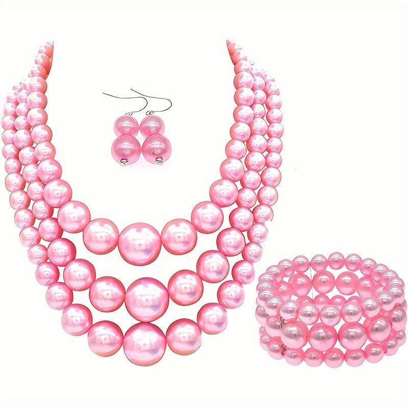 Bohemian Multi-Layer Faux Pearl Jewelry Set – Vintage 3-Piece Necklace, Bracelet & Earrings, Luxury Gift for Women goobingoo