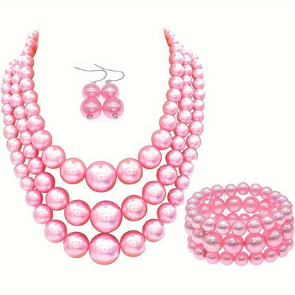 Bohemian Multi-Layer Faux Pearl Jewelry Set – Vintage 3-Piece Necklace, Bracelet & Earrings, Luxury Gift for Women goobingoo