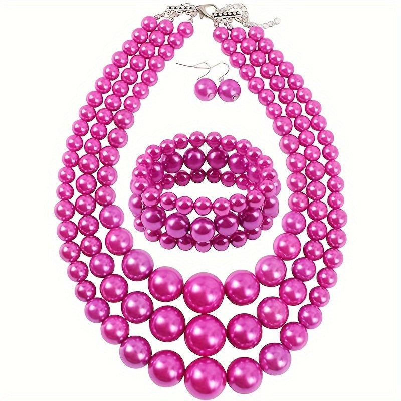 Bohemian Multi-Layer Faux Pearl Jewelry Set – Vintage 3-Piece Necklace, Bracelet & Earrings, Luxury Gift for Women goobingoo