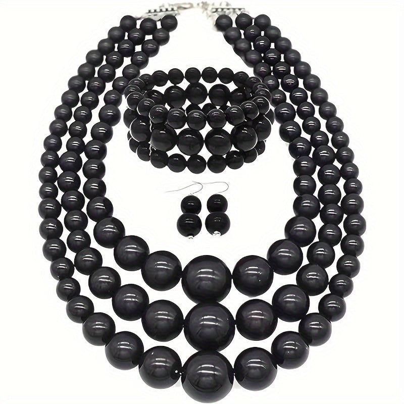 Bohemian Multi-Layer Faux Pearl Jewelry Set – Vintage 3-Piece Necklace, Bracelet & Earrings, Luxury Gift for Women goobingoo