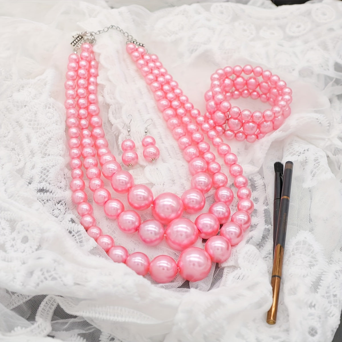 Bohemian Multi-Layer Faux Pearl Jewelry Set – Vintage 3-Piece Necklace, Bracelet & Earrings, Luxury Gift for Women goobingoo
