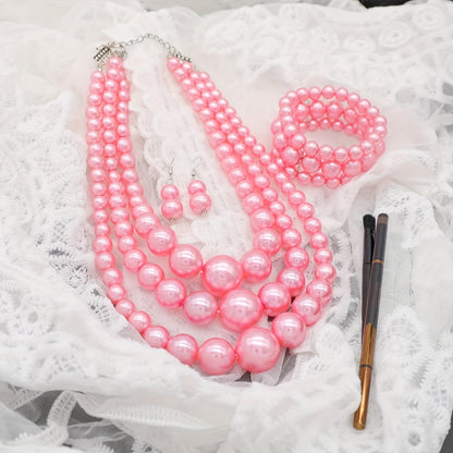 Bohemian Multi-Layer Faux Pearl Jewelry Set – Vintage 3-Piece Necklace, Bracelet & Earrings, Luxury Gift for Women goobingoo