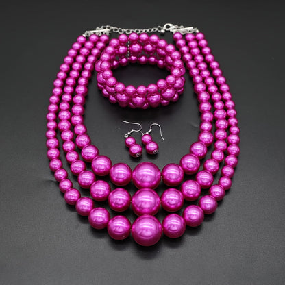 Bohemian Multi-Layer Faux Pearl Jewelry Set – Vintage 3-Piece Necklace, Bracelet & Earrings, Luxury Gift for Women goobingoo