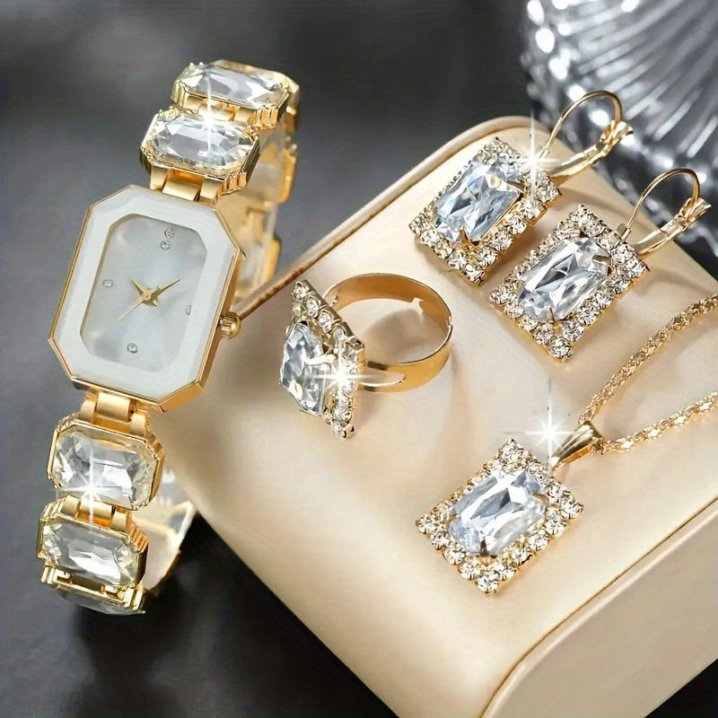 Women’s Jewelry & Watch Set, 5-Piece Green Gold Bracelet, Necklace, Earrings, Ring & Quartz Watch goobingoo