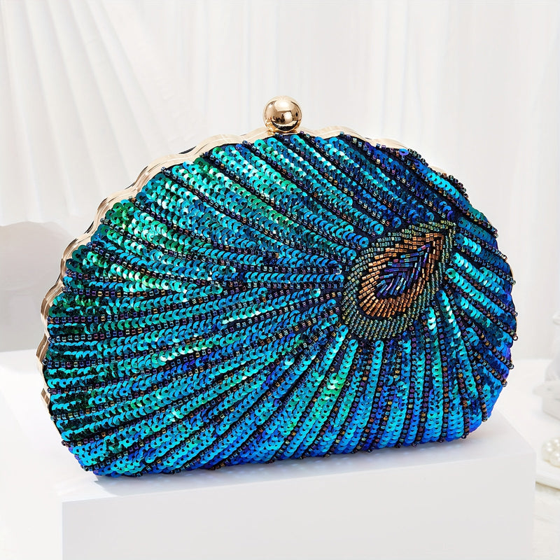 Luxury Peacock Sequin Evening Clutch Purse – Sparkly Feather Design Handbag for Women, Wedding & Dinner Party Bag