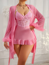 European & American Women’s Sexy Lace Nightgown – Elegant Halter Dress with Mesh Outer Robe, Solid Color Homewear Set