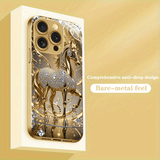 New Luxury Golden Series Phone Case – Diamond Accents & Golden Horse Motif (iPhone Compatible)