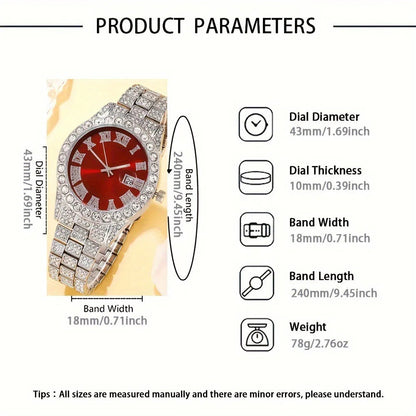 Men’s Luxury Quartz Watch Set – Silver Roman Numeral Rhinestone Watch, Cross Necklace & Bracelet goobingoo