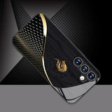 Golden Dragon tempered glass phone case for Samsung Galaxy S25, S24, S23 & more. Black texture design, slim, stylish, and impact-resistant protection.