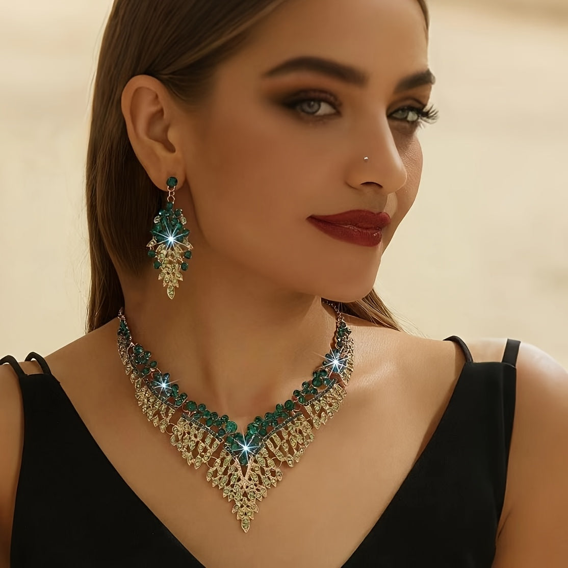Green Necklace and Earrings Set for Women - Evening Wear Accessories, Fashionable Minimalist Jewelry Set goobingoo