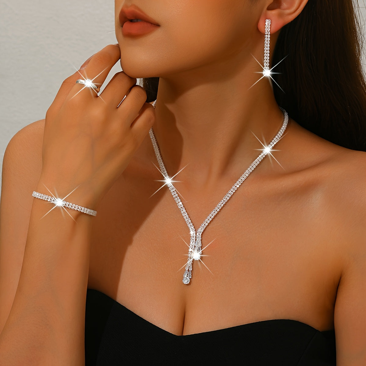 Bridal Zirconia Jewelry Set – Sparkling Necklace, Earrings, Bracelet & Ring, Elegant Wedding Accessories for Brides goobingoo