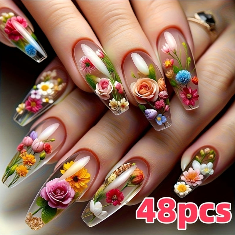 48pcs 3D Flower Press-On Nails – Medium Square Glossy Fake Nails with Jelly Glue & Nail File, Blue & Red Floral Design Nail Art for Women