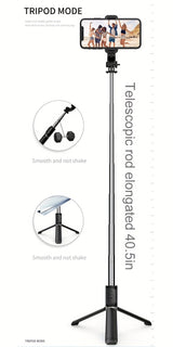 40" retractable selfie stick tripod with wireless remote and 360° rotation. Stable anti-shake design ideal for travel, vlogs, live streaming, iPhone & Android.