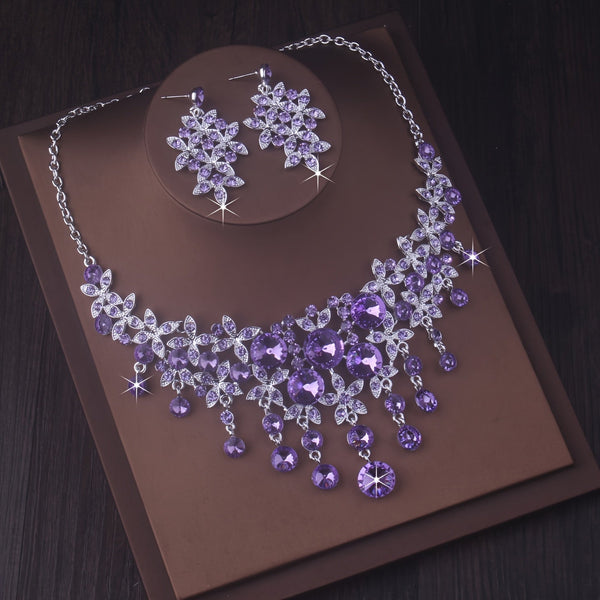 Luxury Exaggerated Bridal Jewelry Set for Women – Purple & Green Statement Necklace & Earrings, High-End Wedding Dress Accessories for Parties, Banquets & Stage Performance goobingoo