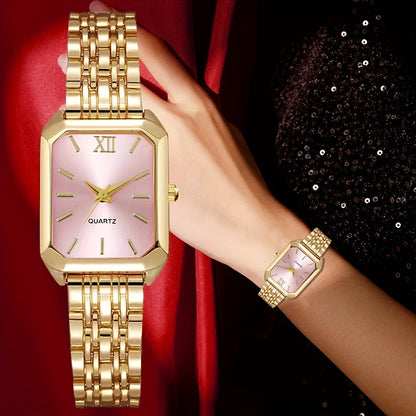 Elegant 5 pcs Women's Fashion Quartz Square Watch + New Square Shiny Necklace, Ring, Earrings Jewelry Set, Birthday, Christmas, New Year, Gift for Friends, Suitable for Daily Wear. goobingoo