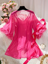 Women’s Sexy Lace See-Through Pajama Set – V-Neck with Flared Sleeves, Romantic Nightwear & Charming Homewear for Intimate Occasions