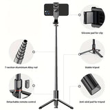 40" retractable selfie stick tripod with wireless remote and 360° rotation. Stable anti-shake design ideal for travel, vlogs, live streaming, iPhone & Android.