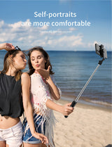 40" retractable selfie stick tripod with wireless remote and 360° rotation. Stable anti-shake design ideal for travel, vlogs, live streaming, iPhone & Android.