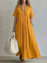 goobingoo Women's V-Neck Pleated Cotton Linen Dress