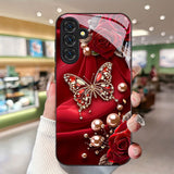 Elegant butterfly & pearl rose Samsung phone case. Slim, protective design for S9+ through S25 series. Stylish, lightweight, and perfect for gifting.