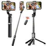 40" retractable selfie stick tripod with wireless remote and 360° rotation. Stable anti-shake design ideal for travel, vlogs, live streaming, iPhone & Android.