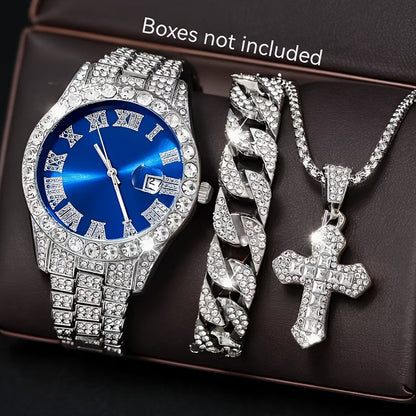Men’s Luxury Quartz Watch Set – Silver Roman Numeral Rhinestone Watch, Cross Necklace & Bracelet goobingoo