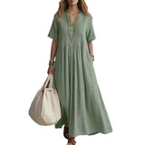goobingoo Women's V-Neck Pleated Cotton Linen Dress