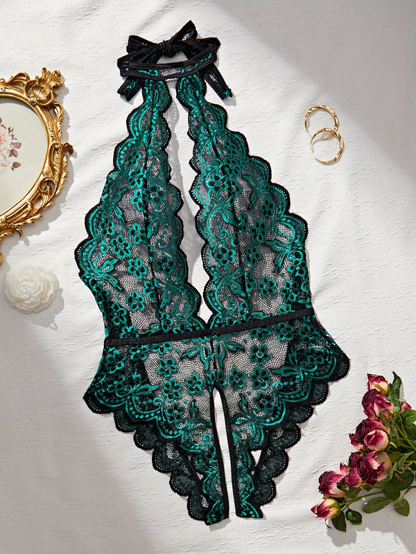 Halter Neck Lace Lingerie Bodysuit – Color-Block Design, Backless, Crotchless, Bedroom & Party Wear goobingoo