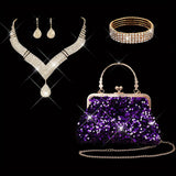 Purple Sequin Evening Clutch & Jewelry Set - 5pc