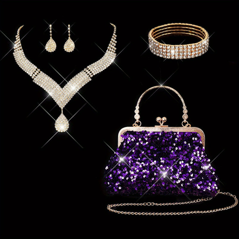 5-Piece Women’s Sequin Evening Clutch & Jewelry Set – Crossbody Dinner Bag with Necklace, Earrings, Bracelet & Ring