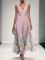 goobingoo Premium Floral V-Neck Maxi Dress - Elegant Ombré Printed Evening Gown