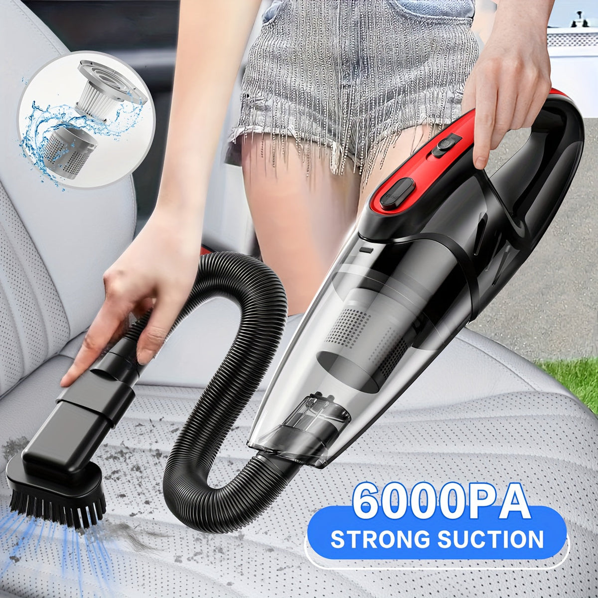 6000PA Cordless Car Vacuum Cleaner – Handheld Portable with 2000mAh Battery & 5 Accessories