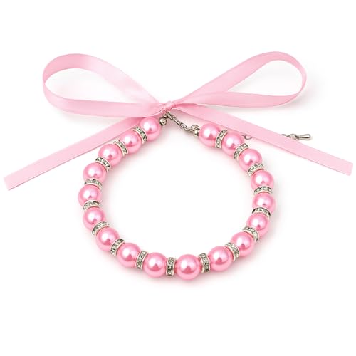 Pink Pearl Pet Necklace Adjustable Dog Cat Collar with Bow