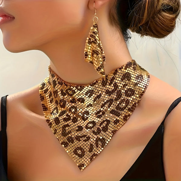 Elegant retro leopard print necklace and earrings, with flash and metal faux collar, ladies jewelry, party occasion gift. goobingoo